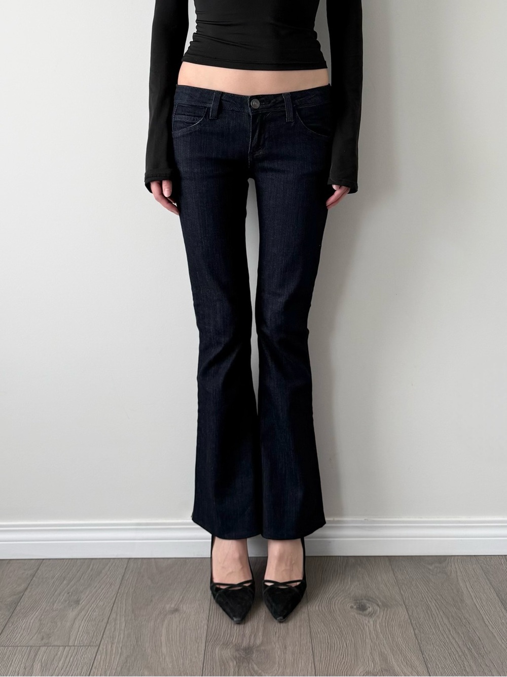 Vintage dark wash flared low rise jeans